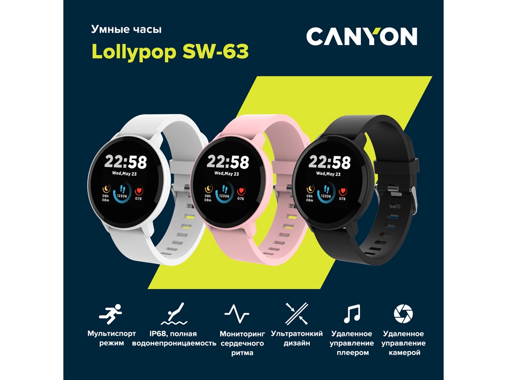Умные часы CANYON Lollypop SW-63, IP 68, BT 5.0, сенсорный дисплей 1.3, белый-7