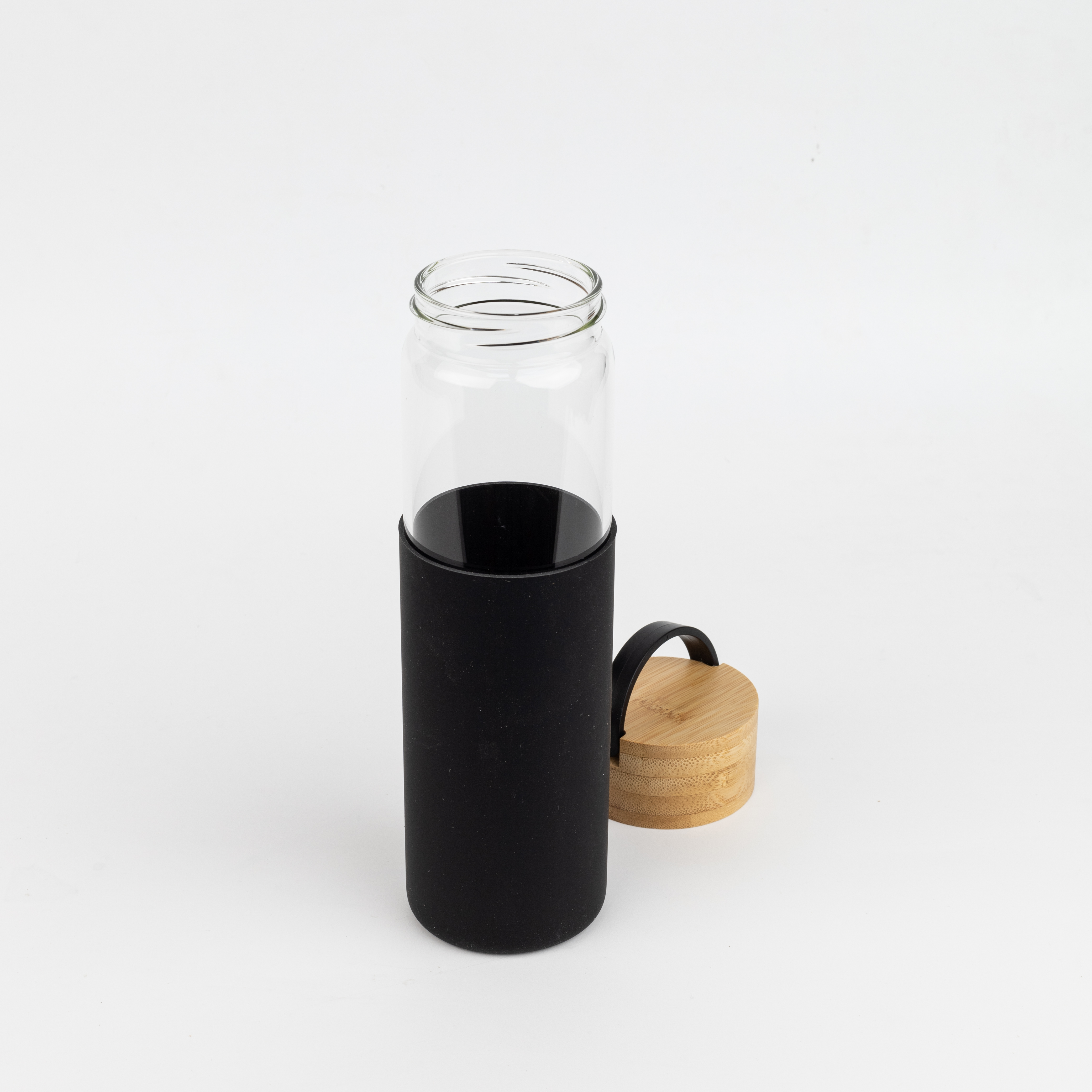 Бутылка стеклянная с силиконовой манжетой и бамбуковой крышкой  Glass, Черный-2