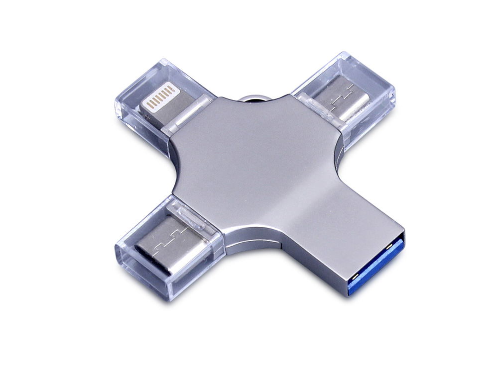 USB-флешка на 256 Гб 4 в 1 поворотный механизм, c дополнительными разъемами MicroUSB, TypeC и Lightning, серебристый-0