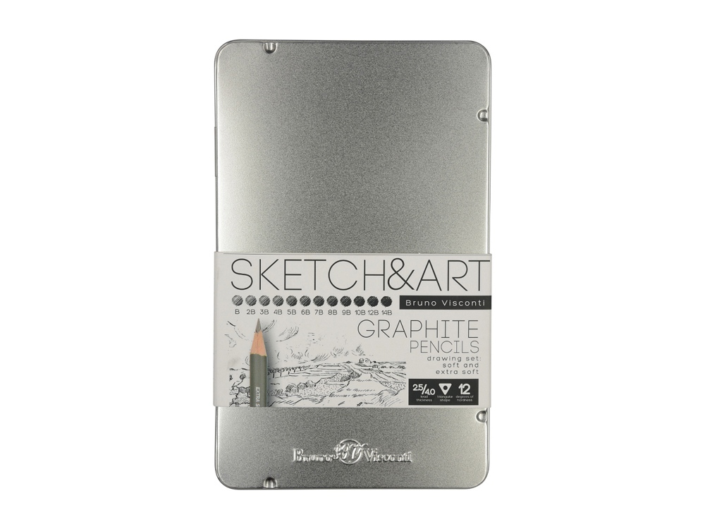 Набор чернографитовых карандашей  Sketch & Art ,12 шт. b-14b,  металлическая коробка с ложементом-0
