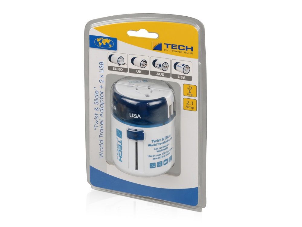 Адаптер с 2-умя USB-портами для зарядки Travel Blue Twist & Slide Adaptor голубой/белый-9