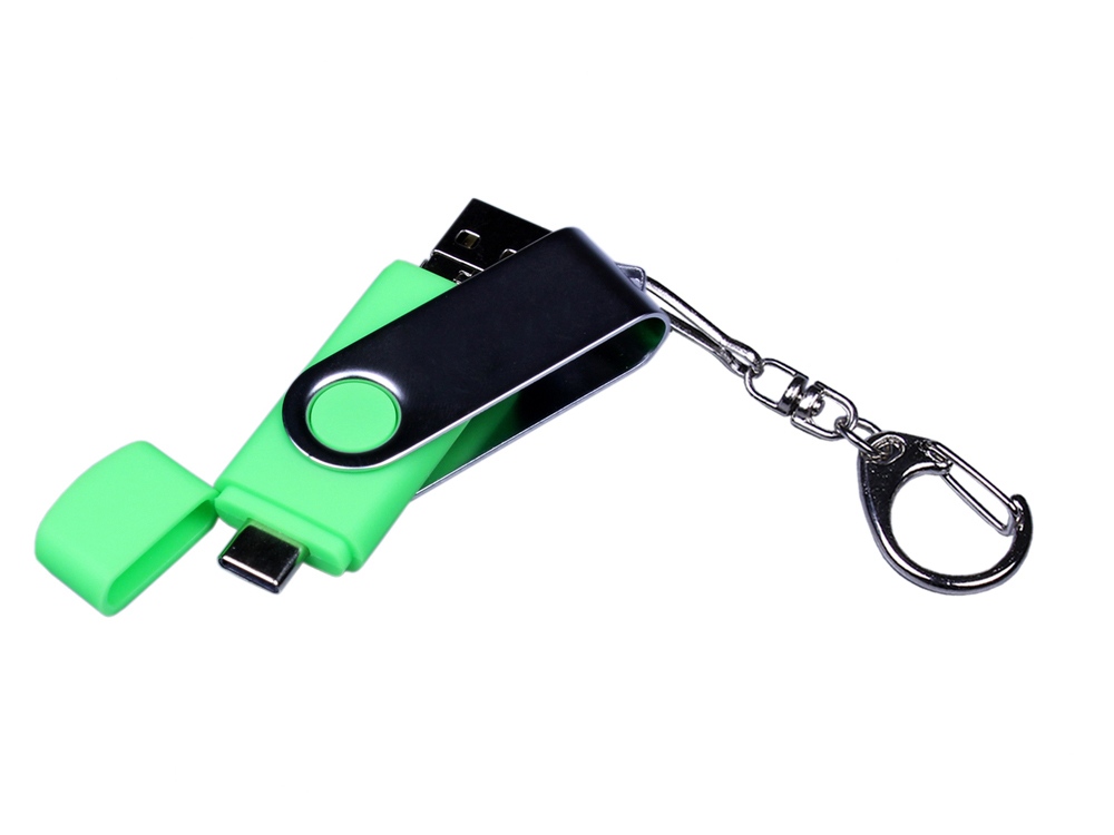 USB-флешка на 64 ГБ поворотный механизм, c двумя дополнительными разъемами MicroUSB и TypeC, зеленый-3