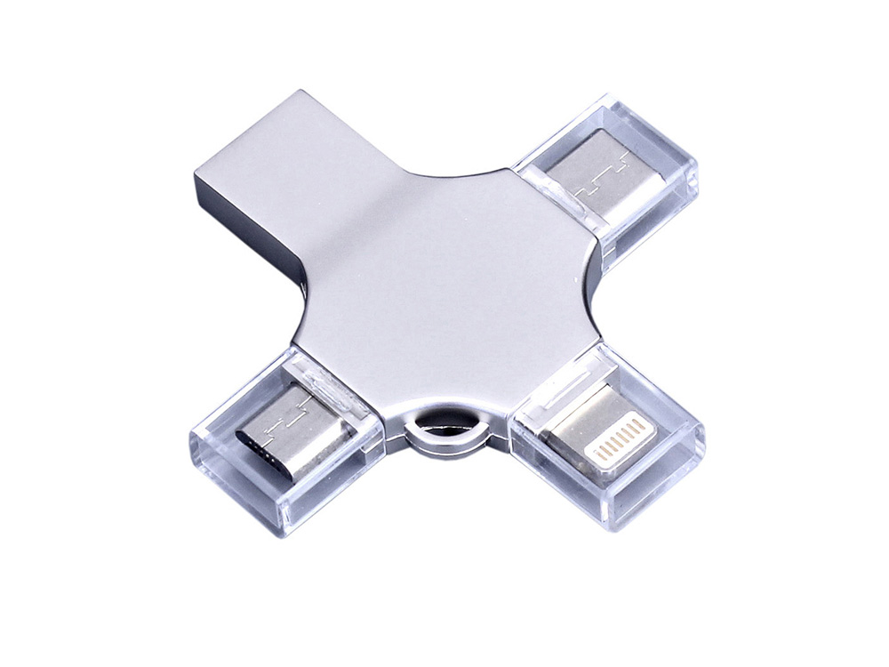 USB-флешка на 64 Гб 4 в 1 поворотный механизм, c дополнительными разъемами MicroUSB, TypeC и Lightning, серебристый-1