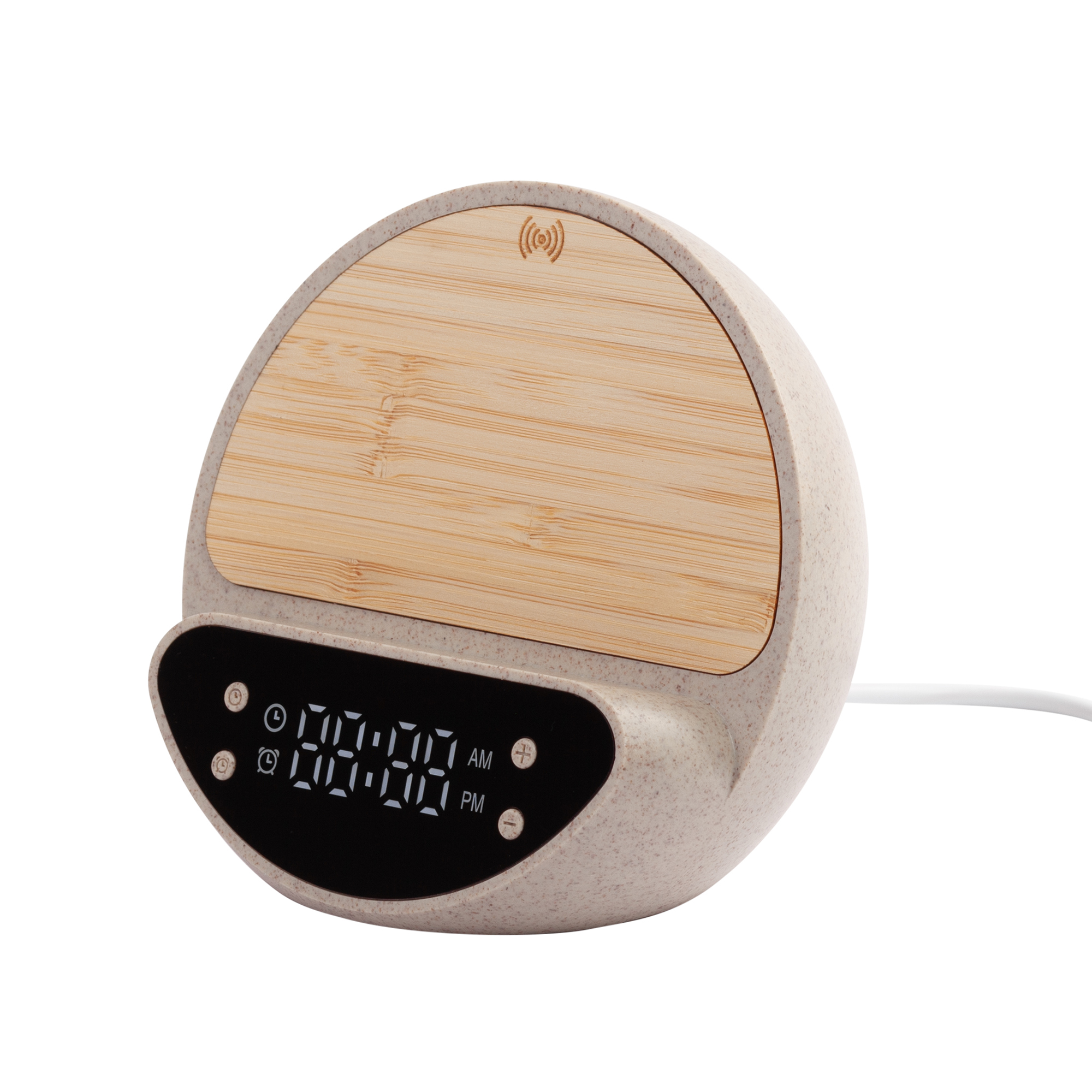 Настольные часы "Smiley" с беспроводным (10W) зарядным устройством и будильником, пшеница/бамбук/пластик-0