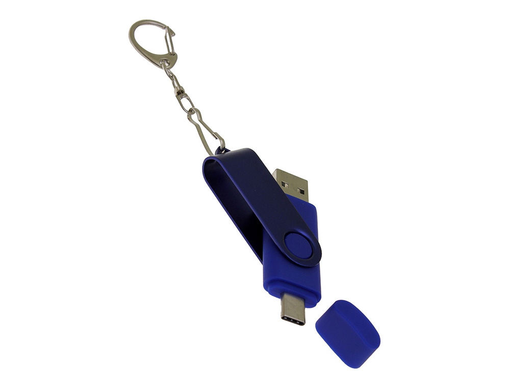 USB-флешка на 32 Гб 2 в 1 поворотный механизм, c дополнительным разъемом Type-C с одноцветным металлическим клипом, синий-3