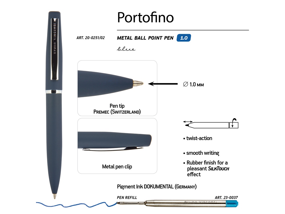 Ручка металлическая шариковая Portofino, софт-тач, 1.0 мм, синий-2