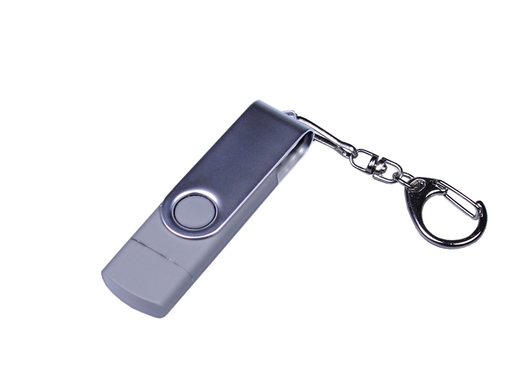 USB-флешка на 32 Гб поворотный механизм, c двумя дополнительными разъемами MicroUSB и TypeC, серебро-0
