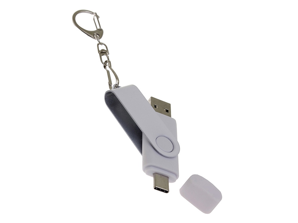 USB-флешка на 128 Гб 2 в 1 поворотный механизм, c дополнительным разъемом Type-C с одноцветным металлическим клипом, белый-3