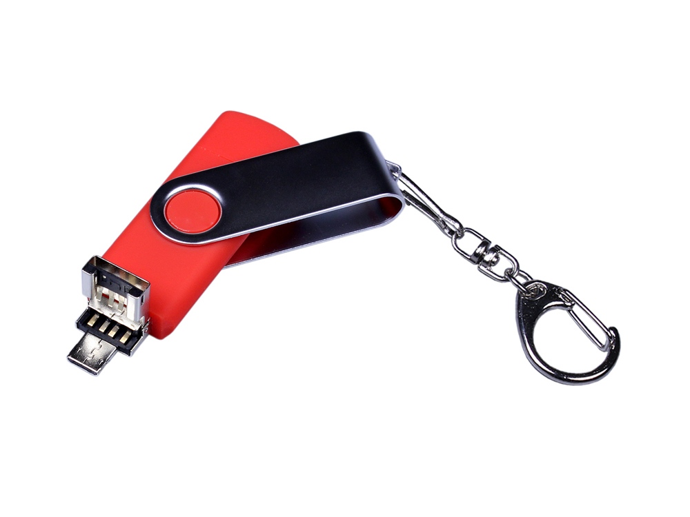 USB-флешка на 32 Гб поворотный механизм, c двумя дополнительными разъемами MicroUSB и TypeC, красный-2