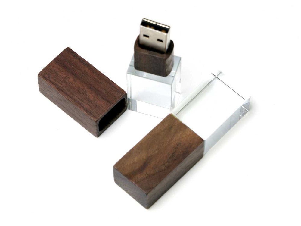 USB-флешка на 64 ГБ прямоугольной формы, под гравировку 3D логотипа, материал стекло, с деревянным колпачком красного цвета, синий-2
