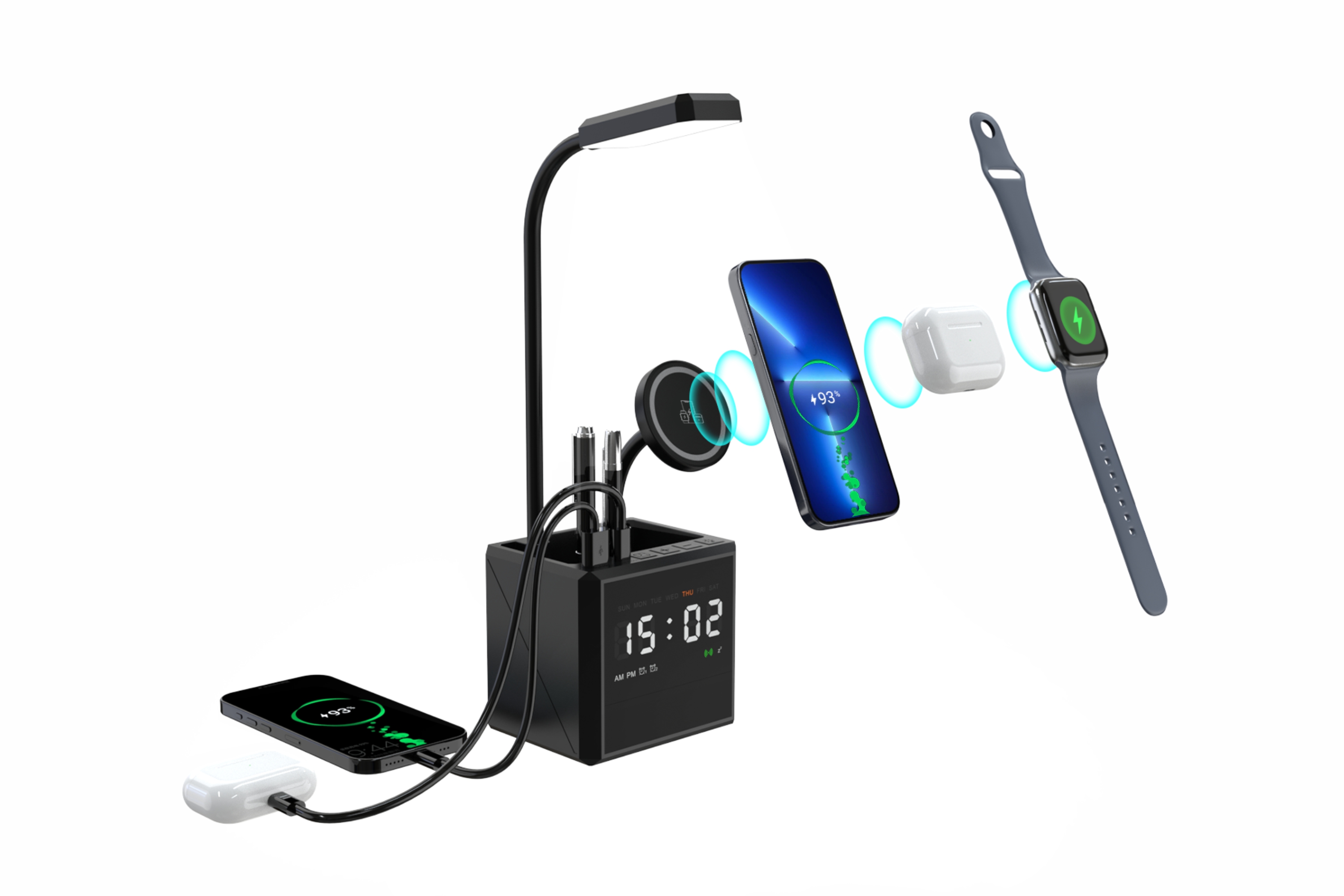 Лампа "Smart Flex" с беспроводным 3в1 (15W) ЗУ с MagSafe, часами, карандашницей и подсветкой логотипа-1