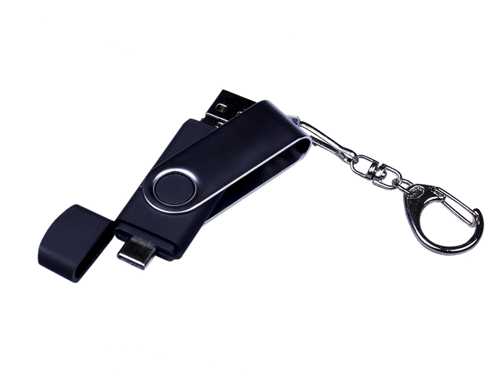 USB-флешка на 16 Гб поворотный механизм, c двумя дополнительными разъемами MicroUSB и TypeC, черный-3