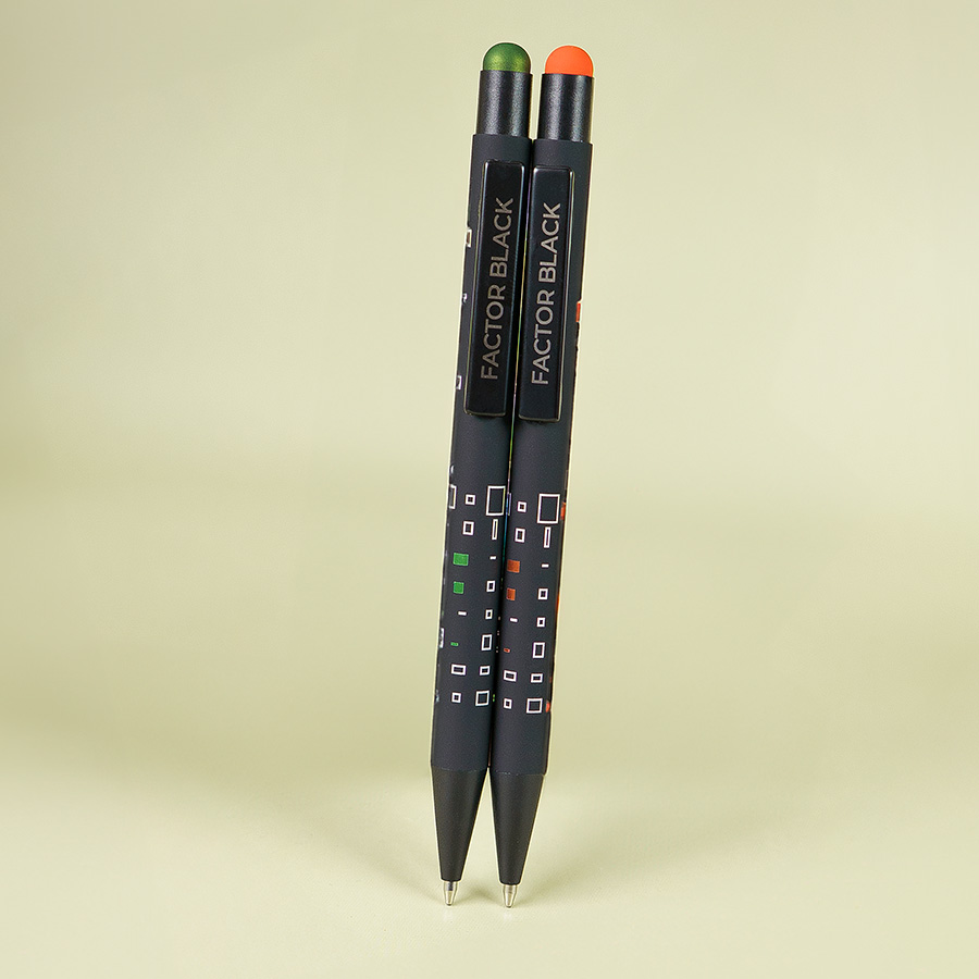 Ручка шариковая FACTOR BLACK со стилусом, черный, оранжевый-3