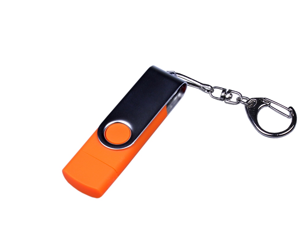 USB-флешка на 64 ГБ поворотный механизм, c двумя дополнительными разъемами MicroUSB и TypeC, оранжевый-0