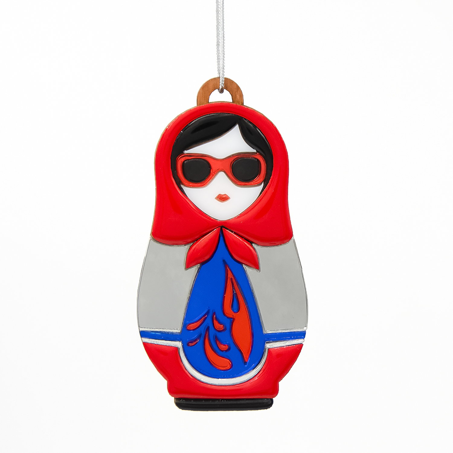 Ёлочная игрушка Матрёшка с узорами (красный с синим)-4