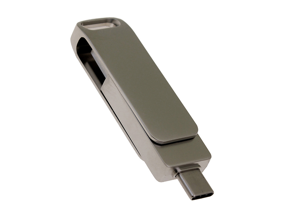 USB 3.0- флешка на 16 Гб поворотный механизм 2 в 1, c дополнительным разъемом Type-C с одноцветным металлическим клипом, серый-1