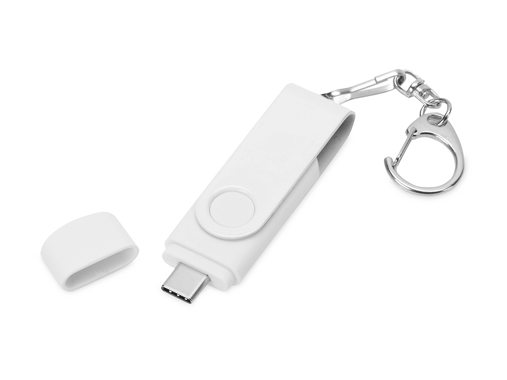 USB-флешка на 32 Гб 3 в 1 поворотный механизм, c двумя дополнительными разъемами MicroUSB и TypeC C с одноцветным металлическим клипом, белый-1
