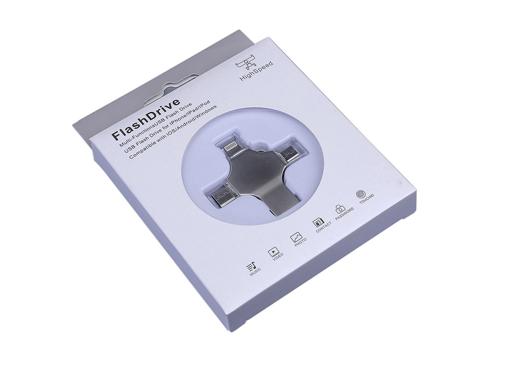 USB-флешка на 32 Гб 4 в 1 поворотный механизм, c дополнительными разъемами MicroUSB, TypeC и Lightning, серебристый-3