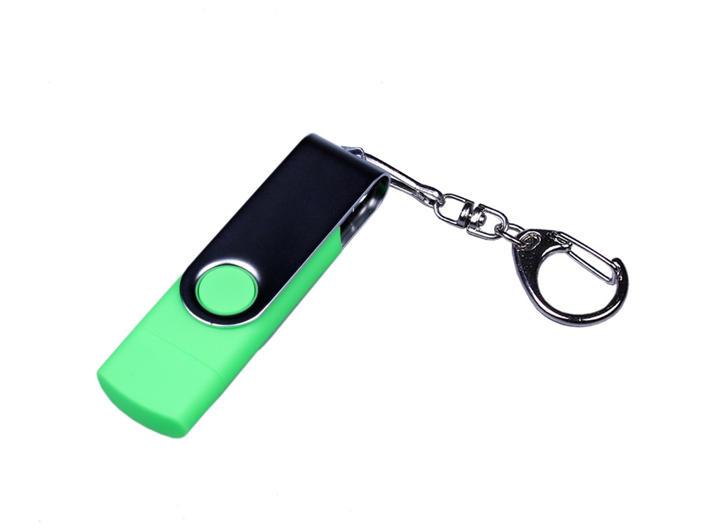 USB-флешка на 64 ГБ поворотный механизм, c двумя дополнительными разъемами MicroUSB и TypeC, зеленый-0
