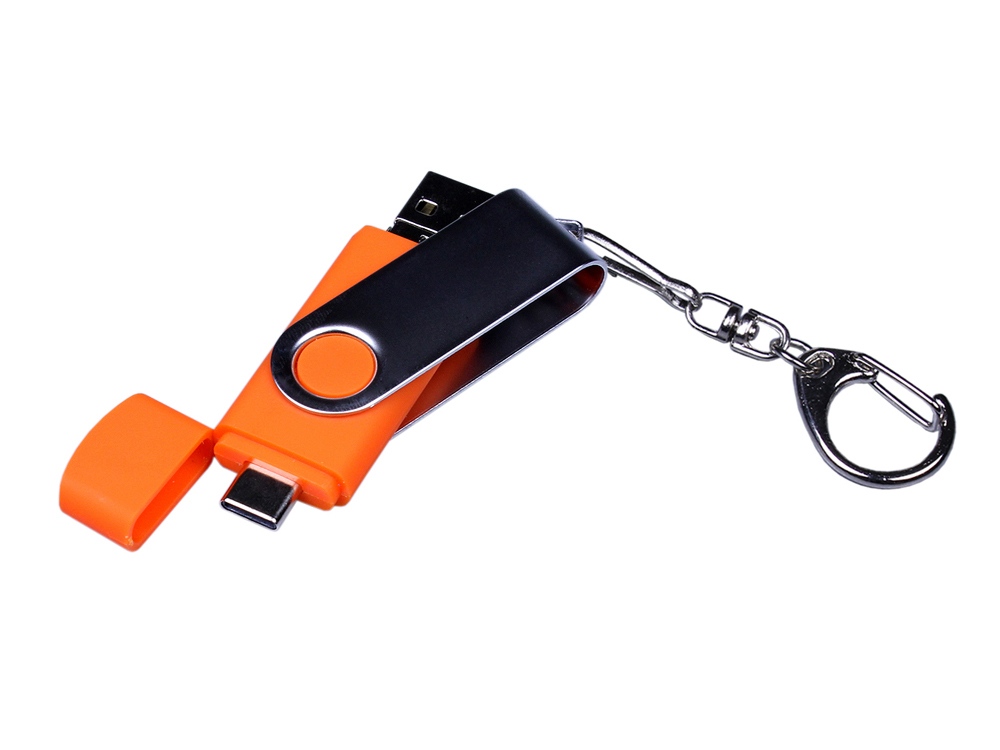 USB-флешка на 64 ГБ поворотный механизм, c двумя дополнительными разъемами MicroUSB и TypeC, оранжевый-3