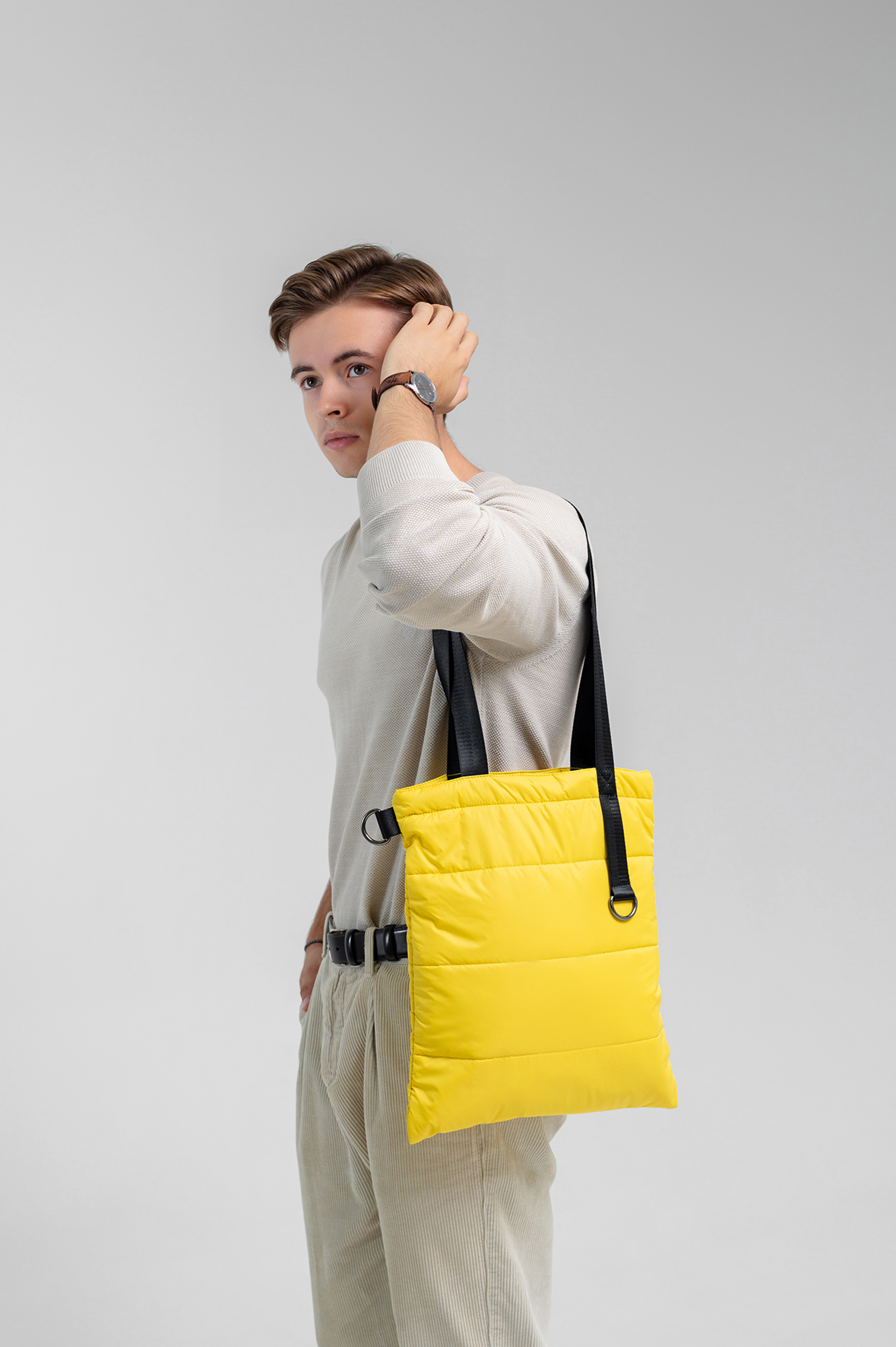 Шоппер Superbag Bubble, стёганый, с магнитной кнопкой (жёлтый с чёрным)-5