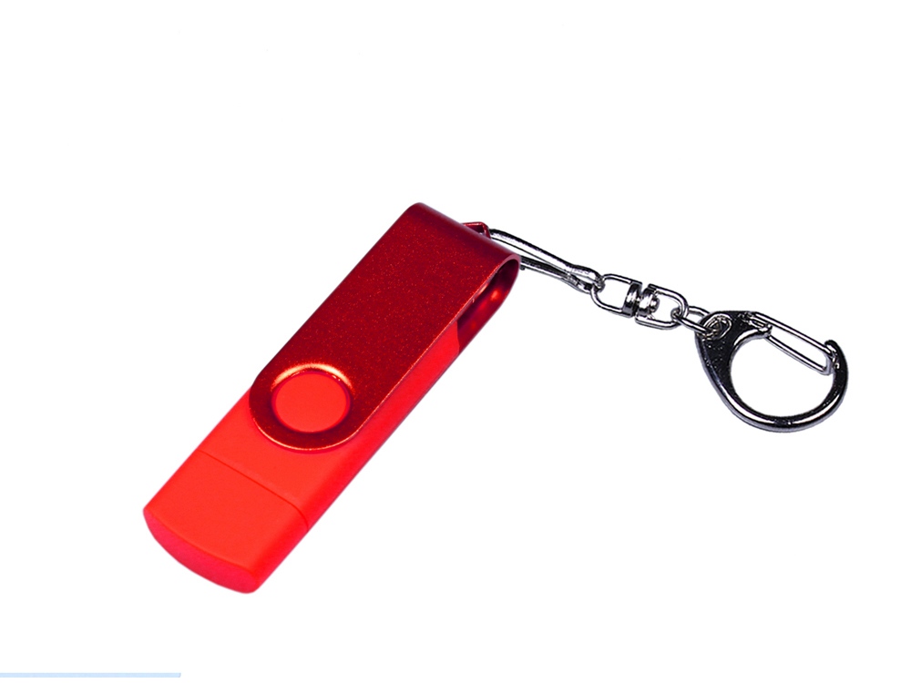 USB-флешка на 32 Гб 3 в 1 поворотный механизм, c двумя дополнительными разъемами MicroUSB и TypeC C с одноцветным металлическим клипом, красный-0