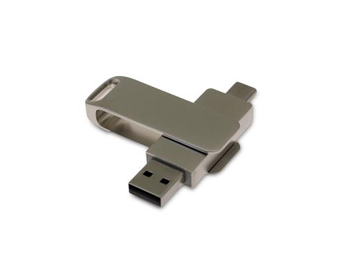 USB 2.0- флешка на 32 Гб поворотный механизм 2 в 1, c дополнительным разъемом Type-C с одноцветным металлическим клипом, серый