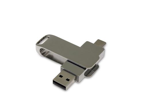 USB 2.0- флешка на 128 Гб поворотный механизм 2 в 1, c дополнительным разъемом Type-C с одноцветным металлическим клипом, серебристый
